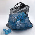 A black mesh drawstring bag filled with blue and white round gel or ice-like pieces, photographed on a plain light background with a few loose blue and white pieces in front.
