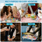 A 2x2 promotional collage with the headline 'MULTI-PURPOSE FOR EVERY ADVENTURE' showing the same colorful ice cube drink set in four lifestyle scenes: Home & Party, Camping, Bar, and Fishing. Each panel shows people using clear cups filled with multicolored ice cubes, with the cubes visible in drinks and on a cooler by water.