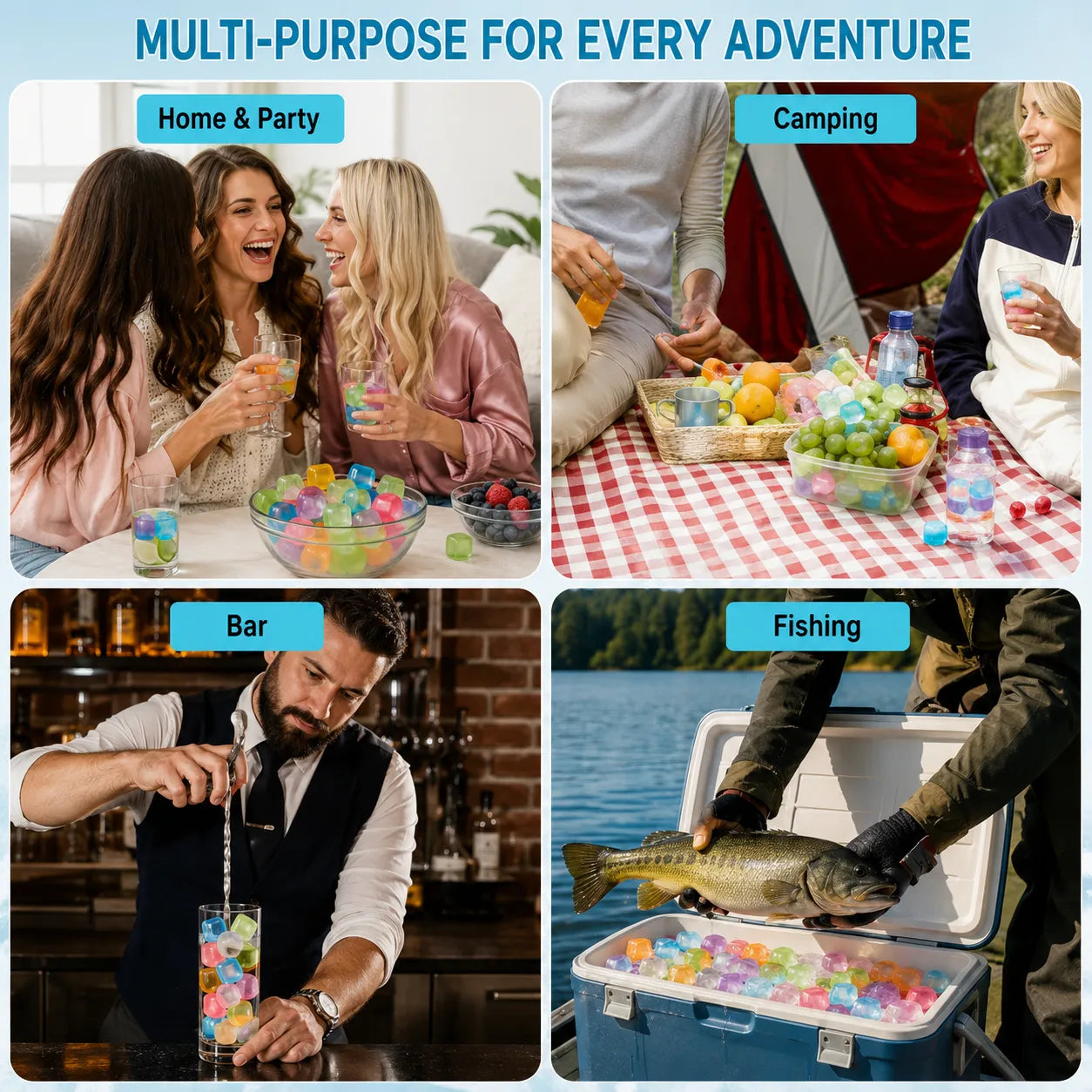 A 2x2 promotional collage with the headline 'MULTI-PURPOSE FOR EVERY ADVENTURE' showing the same colorful ice cube drink set in four lifestyle scenes: Home & Party, Camping, Bar, and Fishing. Each panel shows people using clear cups filled with multicolored ice cubes, with the cubes visible in drinks and on a cooler by water.