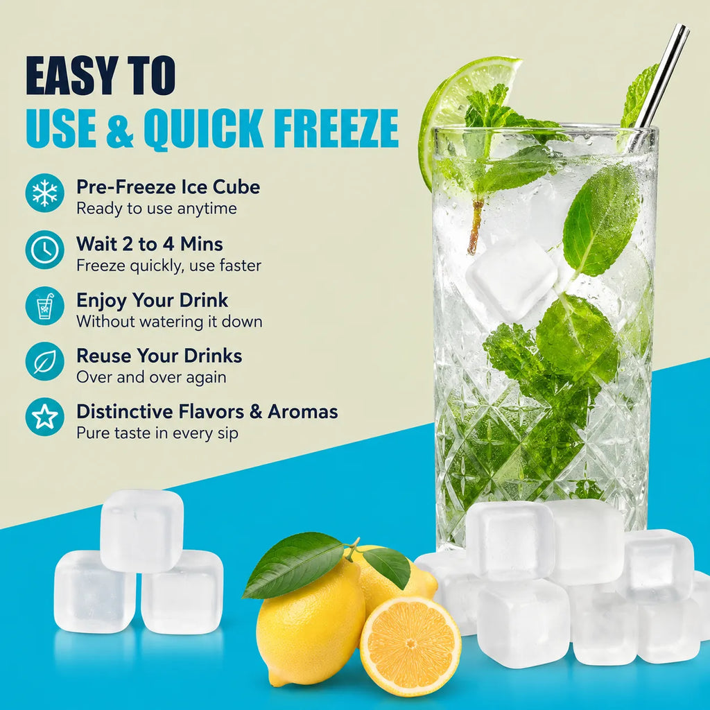 Promotional graphic for reusable ice cubes showing a tall glass of iced mocktail with mint, lime, and a metal straw, alongside several clear ice cubes and lemons on a beige and blue background. Text on the left reads 'EASY TO USE & QUICK FREEZE' with feature icons for pre-freeze use, quick freeze time, no waterlogging, reusable drinks, and distinctive flavors and aromas.