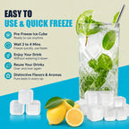 Promotional graphic for reusable ice cubes showing a tall glass of iced mocktail with mint, lime, and a metal straw, alongside several clear ice cubes and lemons on a beige and blue background. Text on the left reads 'EASY TO USE & QUICK FREEZE' with feature icons for pre-freeze use, quick freeze time, no waterlogging, reusable drinks, and distinctive flavors and aromas.