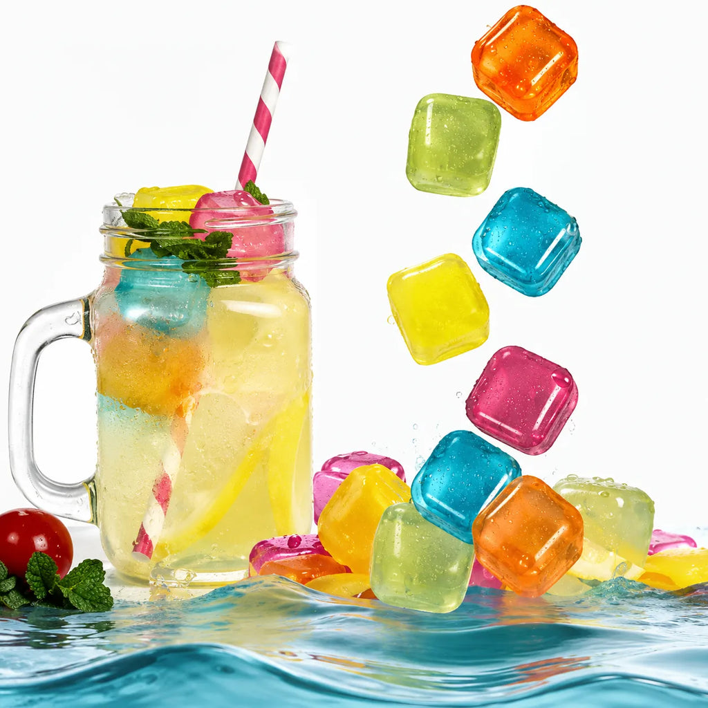 A clear glass mason jar mug filled with a yellow drink, ice cubes, a pink-and-white striped straw, and mint leaves, shown with colorful translucent ice cubes floating and splashing around it against a white background.