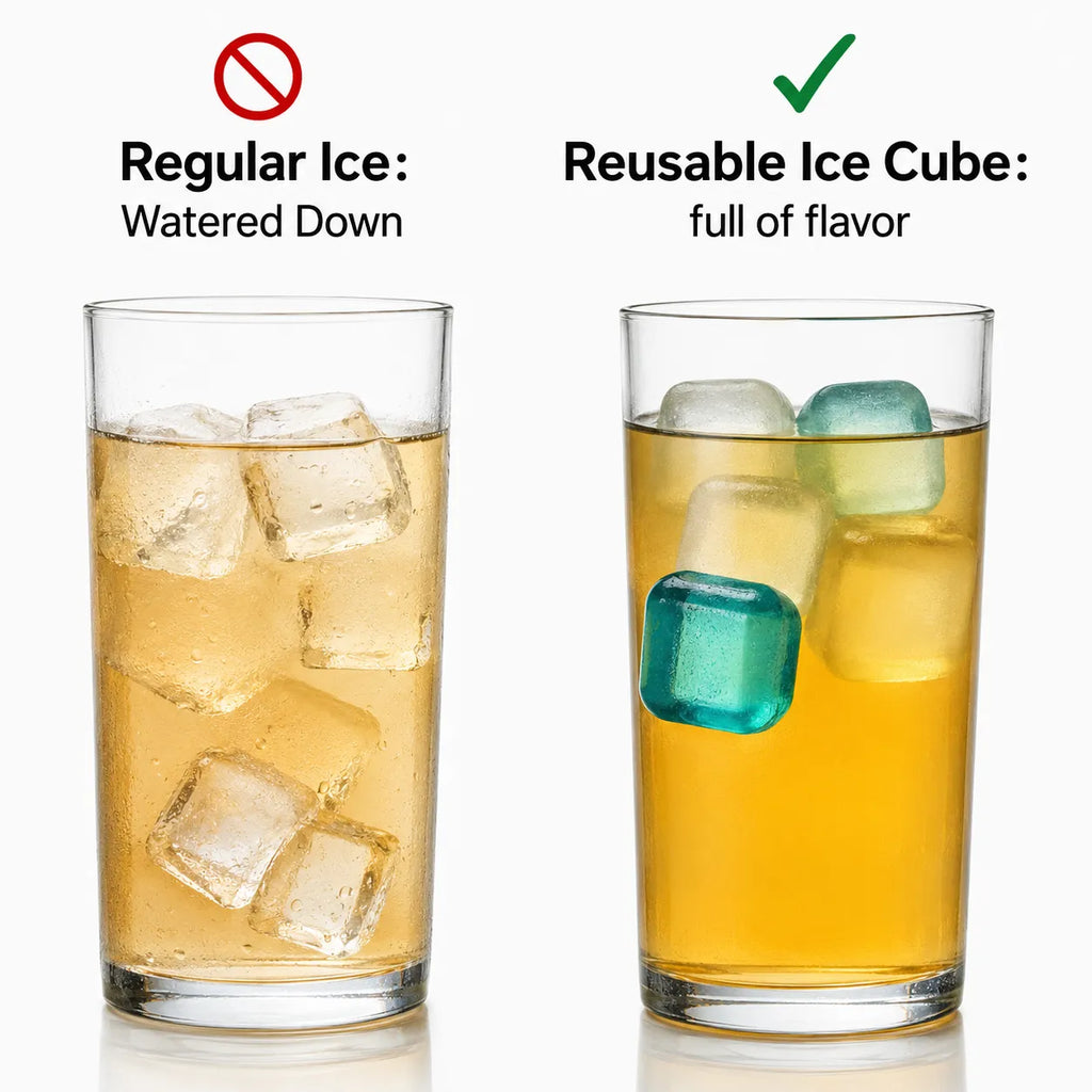 A comparison graphic showing two tall glasses of yellow drink on a white background. The left glass has clear ice cubes with text reading 'Regular Ice: Watered Down' and a red crossed-out icon above.